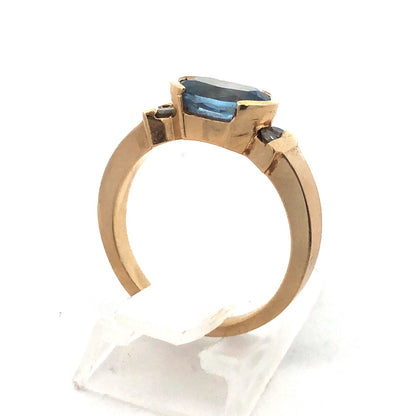 Estate Designer 14K Yellow Gold Oval Blue Topaz Diamond Accented Cocktail Ring