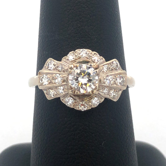 Art Deco 14K White Gold Diamond Solitaire with Accents Wedding Engagement Ring