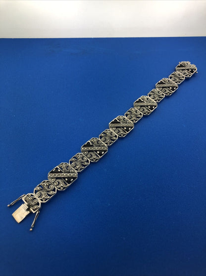 Art Deco Style 925 Sterling Silver Black Onyx Marcasite Scroll Panel Bracelet
