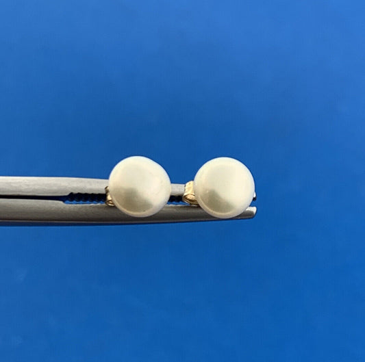 Designer 14k Yellow Gold Cabochon Smooth White Pearl 5mm Stud Earrings