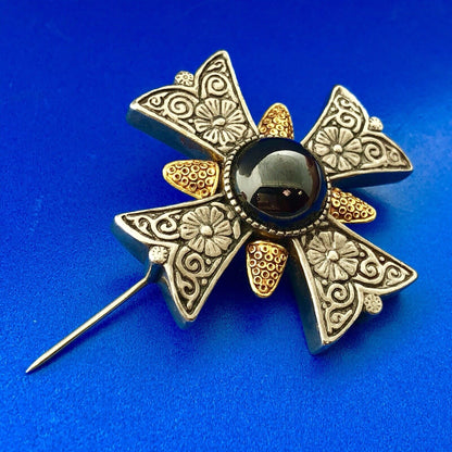 HMR CMA Gold Silver Tone Black Hematite Floral Scroll Maltese Cross Pin Pendant