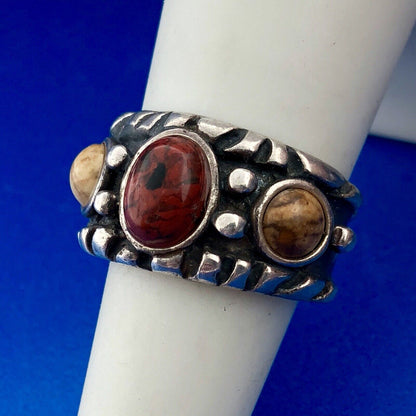 Vintage Native American Artisan 925 Sterling Silver Red Yellow Jasper Band Ring