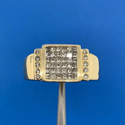 14K Yellow Gold Pave Princess Diamond Square Top Statement Unisex Cocktail Ring