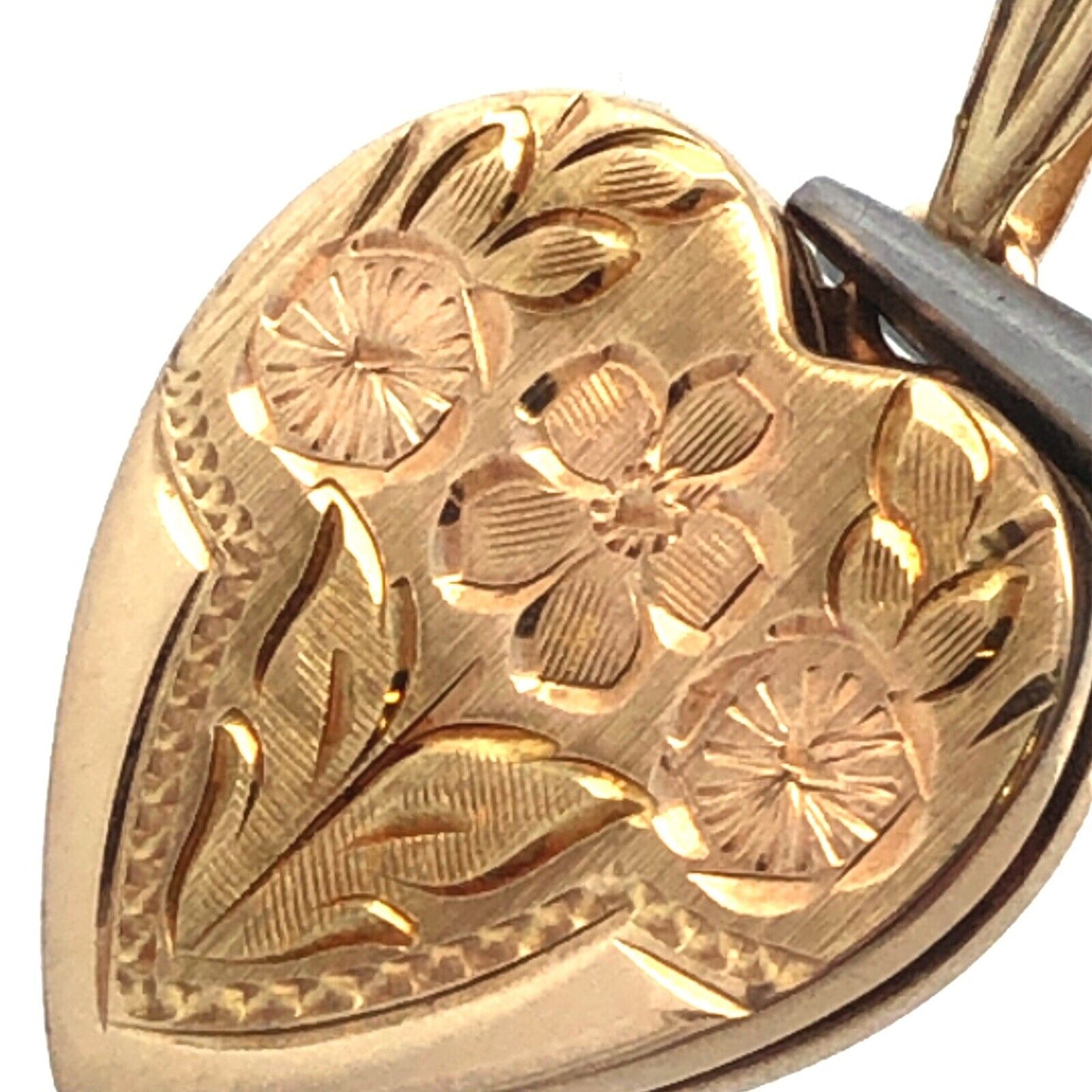 Designer HFB 14K Yellow Gold Floral Flower Engraved Heart Photo Locket Pendant