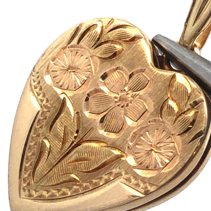 Designer HFB 14K Yellow Gold Floral Flower Engraved Heart Photo Locket Pendant