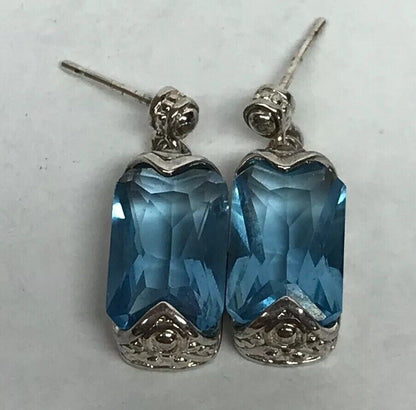 Sterling Silver Rectangle Blue Topaz Bead Scroll Work Statement Drop Earrings