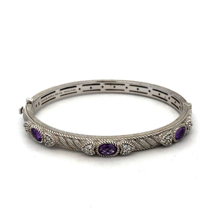 Judith Ripka 925 Sterling Silver Amethyst CZ Romance Hinged Bangle Bracelet