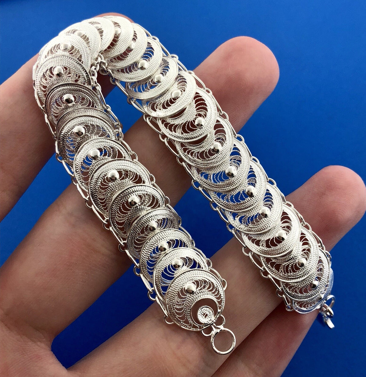 Milor Italy Sterling Silver 925 Filigree Bead Centipede Link Flex Bracelet