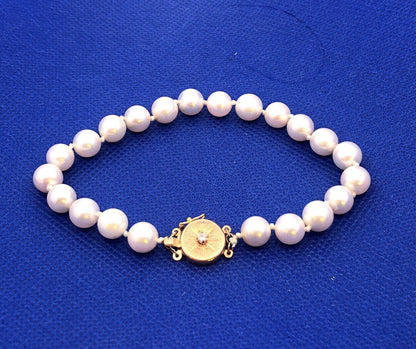 Vintage 14K Yellow Gold White Pearl Beaded Diamond Accent Bracelet