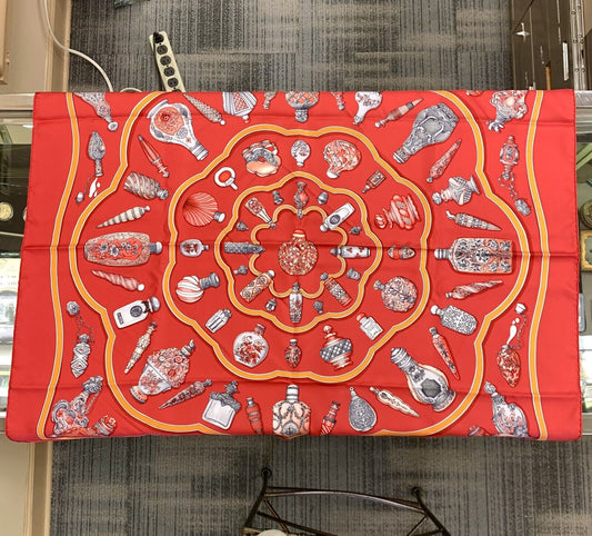 Hermes Carre 90 100% Silk Twill Crimson Qu'importe Flacon Neckerchief Scarf