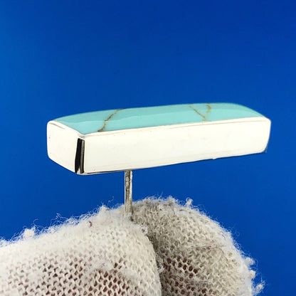 Stunning Sterling Silver 925 Cabochon Aqua Turquoise Rectangle Stud Earrings