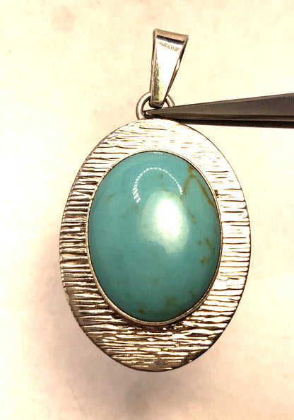 Taxco Mexico 925 Sterling Silver Oval Turquoise Textured Statement Pendant