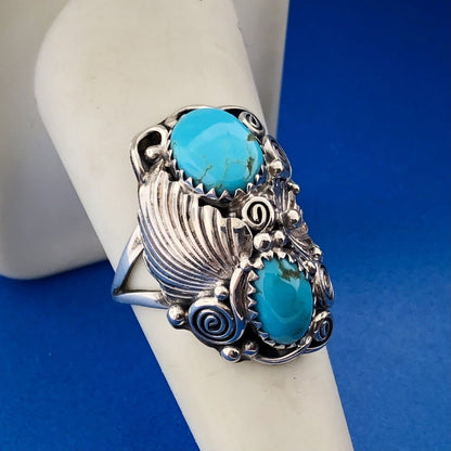 Stunning Sterling Silver 925 Cabochon Turquoise Spiral Floral Finger Ring Size 8