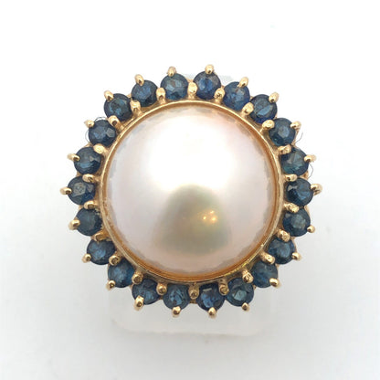 Vintage Designer 14K Yellow Gold Mabe Pearl Sapphire Halo Statement Cocktail Rin
