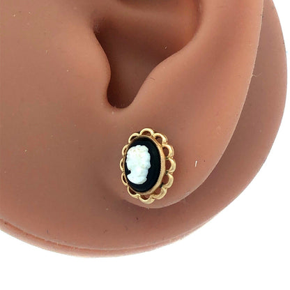 Vintage 14K Yellow Gold Oval Black Onyx Cabochon White Cameo Stud Earrings