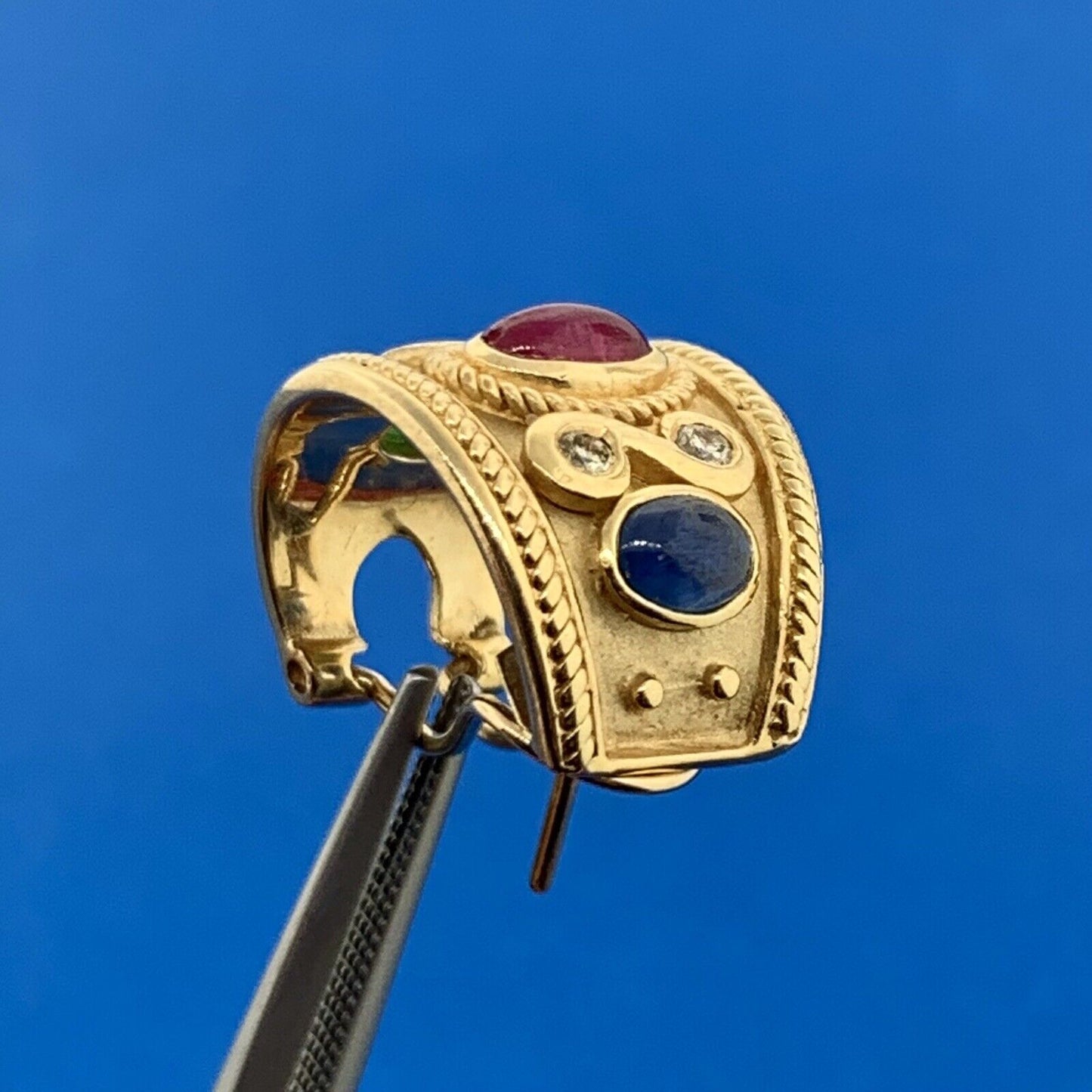 14K Yellow Gold Ruby Sapphire Emerald Diamond Statement Omega Back Earrings