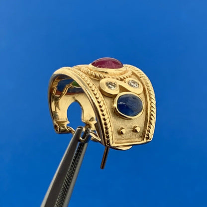 14K Yellow Gold Ruby Sapphire Emerald Diamond Statement Omega Back Earrings