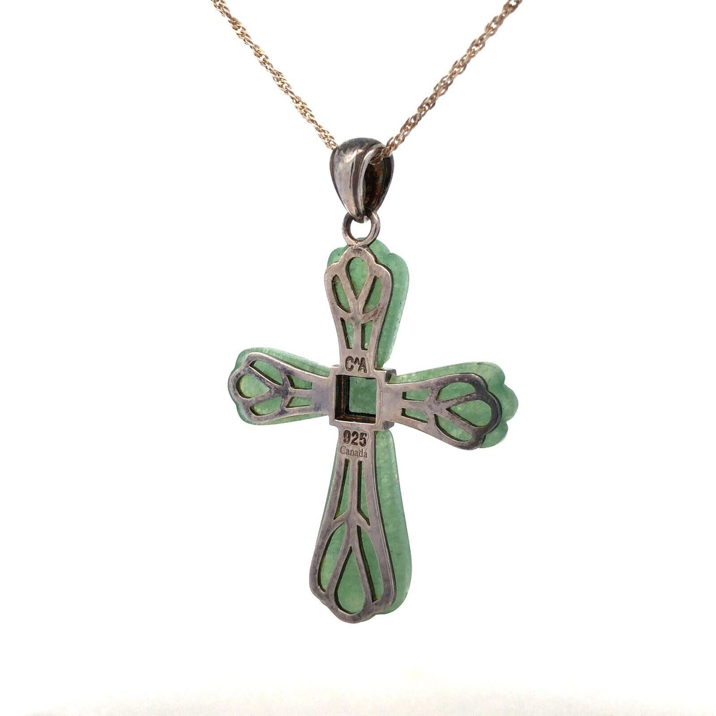 Designer 925 Sterling Silver Carved Jade Cross Statement Pendant Necklace