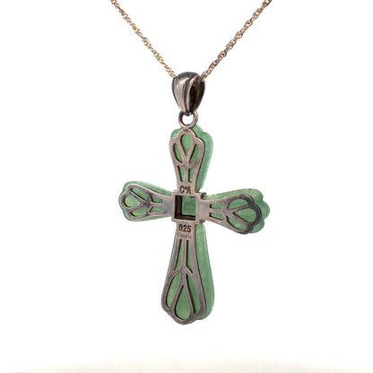 Designer 925 Sterling Silver Carved Jade Cross Statement Pendant Necklace