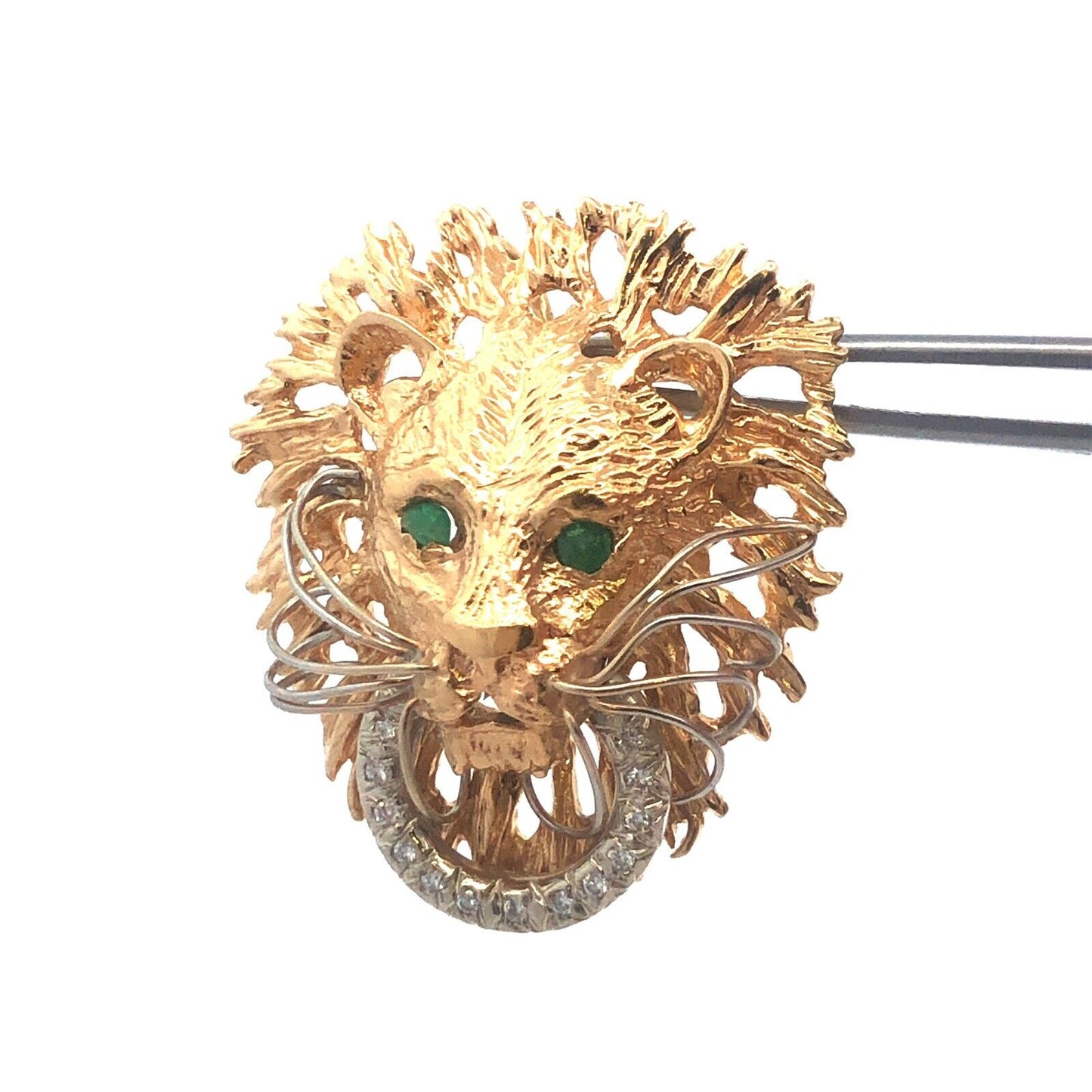 Gorgeous 14k Yellow Gold Emerald Diamond Lion Head Jungle Door Knocker Pendant