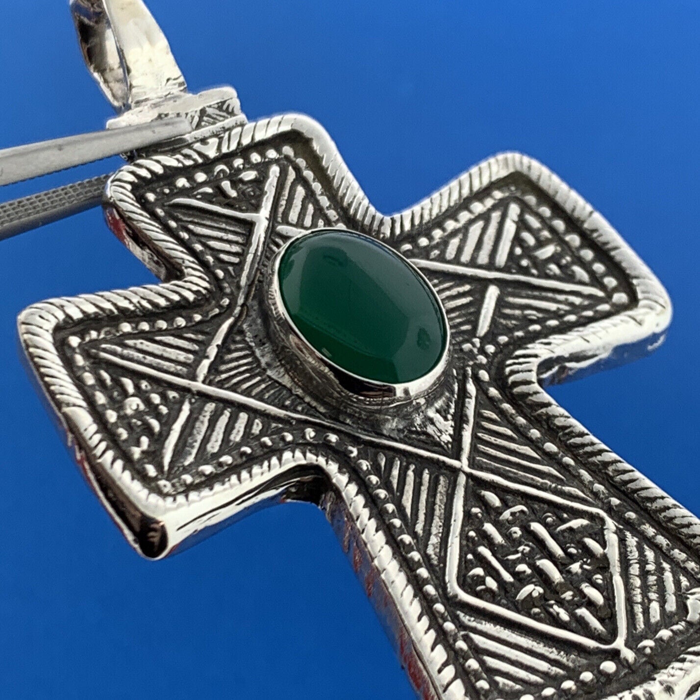Stunning Sterling Silver 925 Cabochon Oval Emerald Religious Faith Cross Pendant