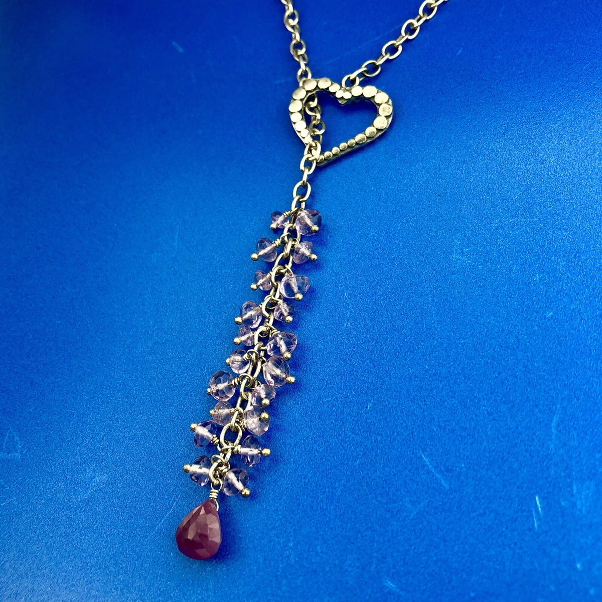 Charming Sterling Silver Ruby Amethyst Bead Heart Lariat Adjustable Necklace