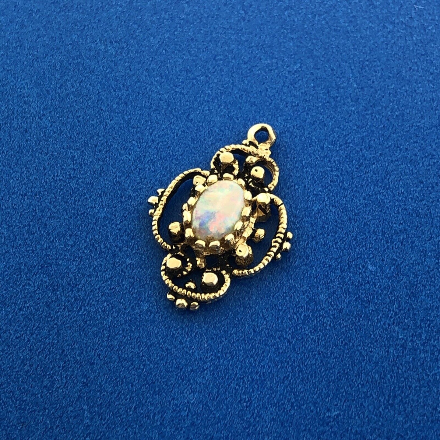 Gorgeous 14k Yellow Gold Cabochon White Opal Openwork Filigree Regal Pendant