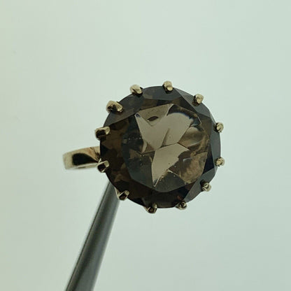 Retro 10K Yellow Gold Smoky Quartz Solitaire Statement Cocktail Ring