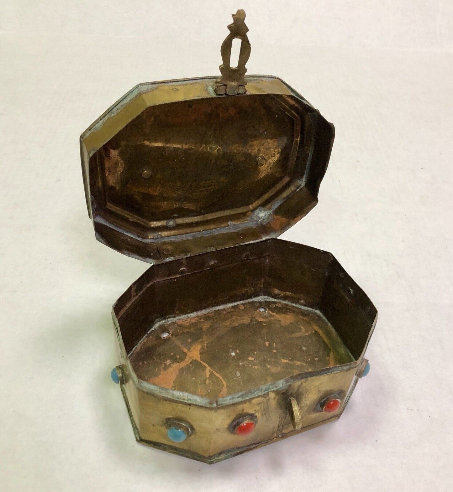 Vintage India Artisan Brass Jeweled Handled Lockable Latched Trinket Jewelry Box