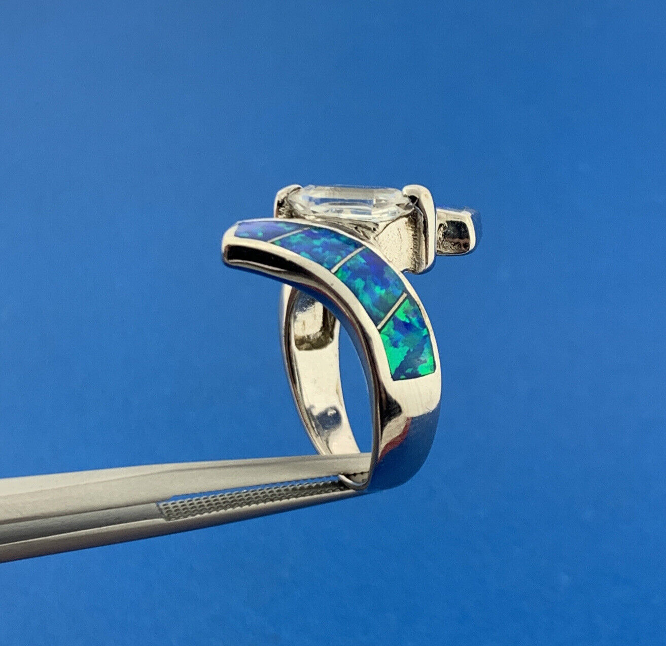 Designer 925 Sterling Silver Cubic Zirconia Opal Doublet Statement Bypass Ring