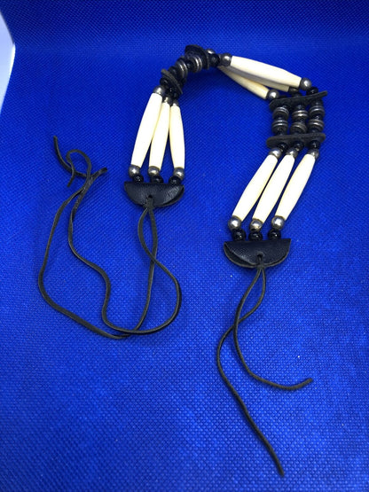 Vintage Native American Scrimshaw Bone Metal Leather Beaded Tie Choker Necklace