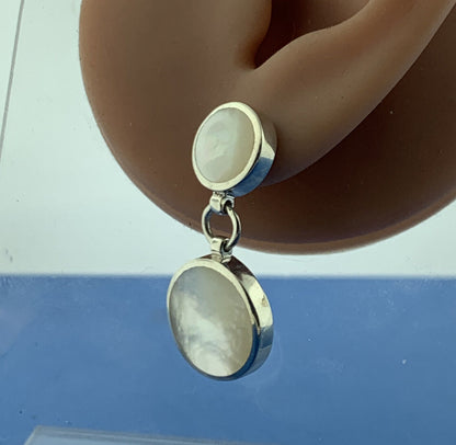 Designer 925 Sterling Silver Mother Of Pearl Disc Modernist Dangle Drop Earrings