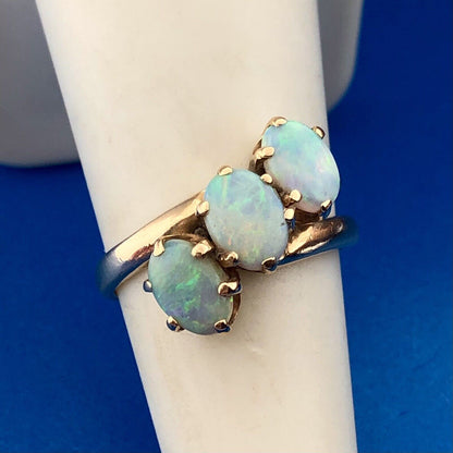Estate 14K Yellow Gold Oval Opal Trio October Anniversary Occasion Bypass Ring