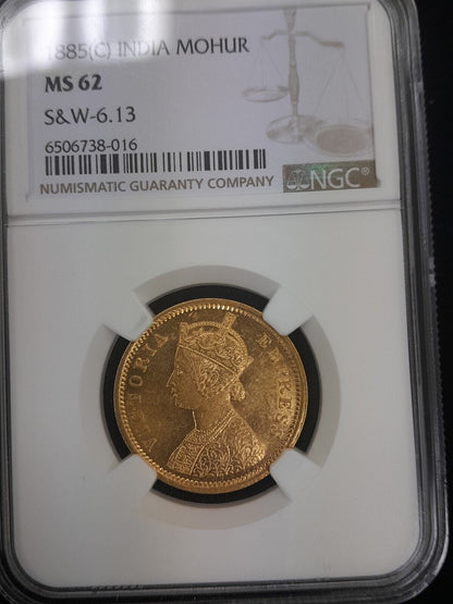 1885 C British India Mohur S & W - 6.13 NGC MS62 Gold Coin