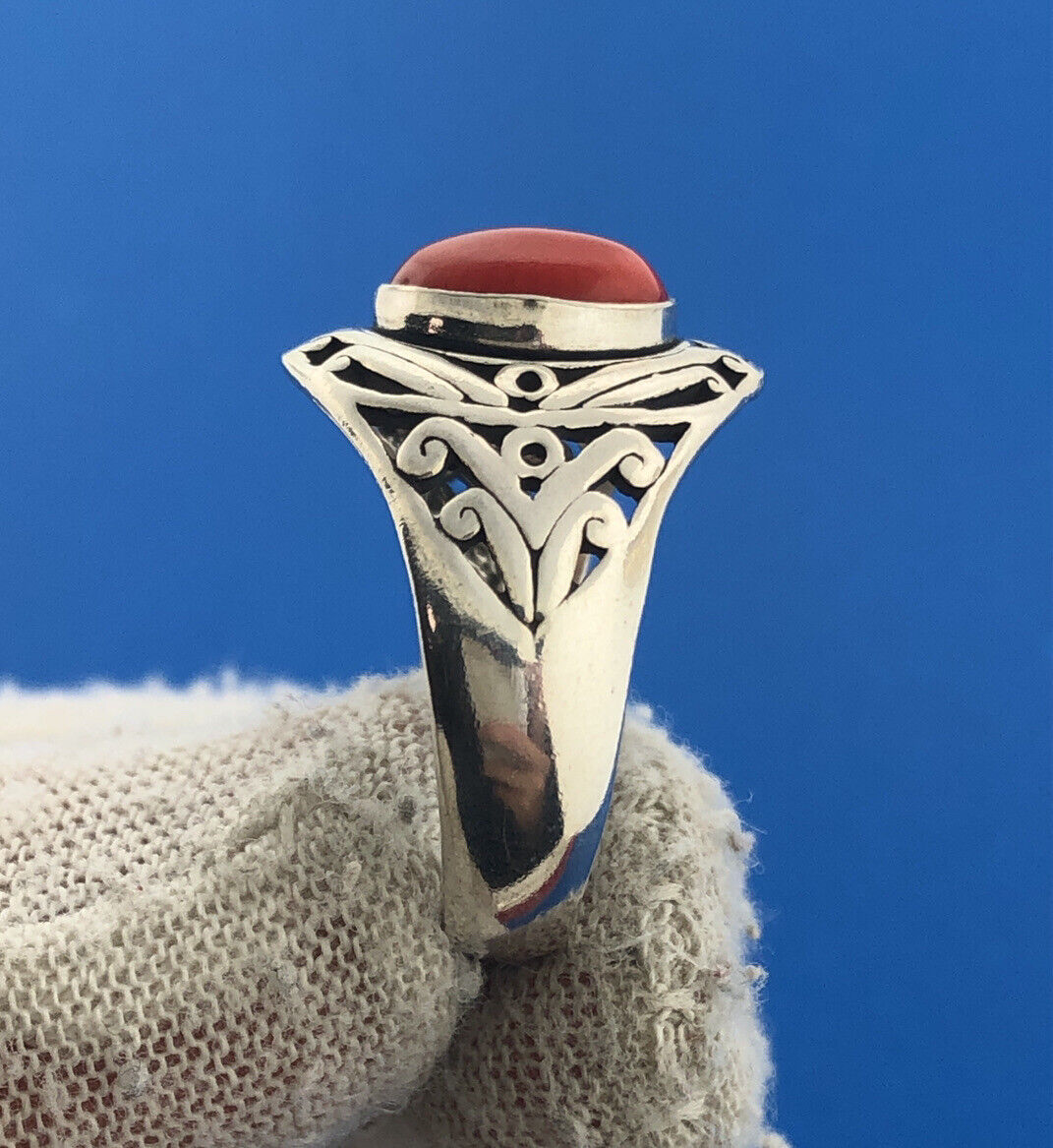 Designer MG Sterling Silver 925 Oval Coral Open Scroll Statement Cocktail Ring