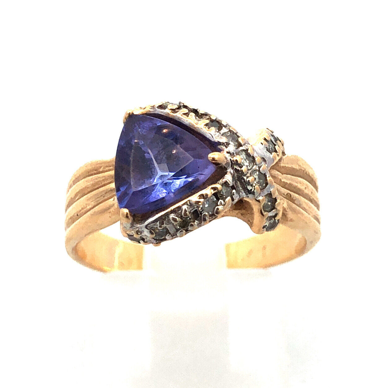 Custom 14k Yellow Gold Trillion Tanzanite Diamond X Ribbon Halo Size 7.25 Ring