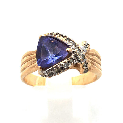 Custom 14k Yellow Gold Trillion Tanzanite Diamond X Ribbon Halo Size 7.25 Ring