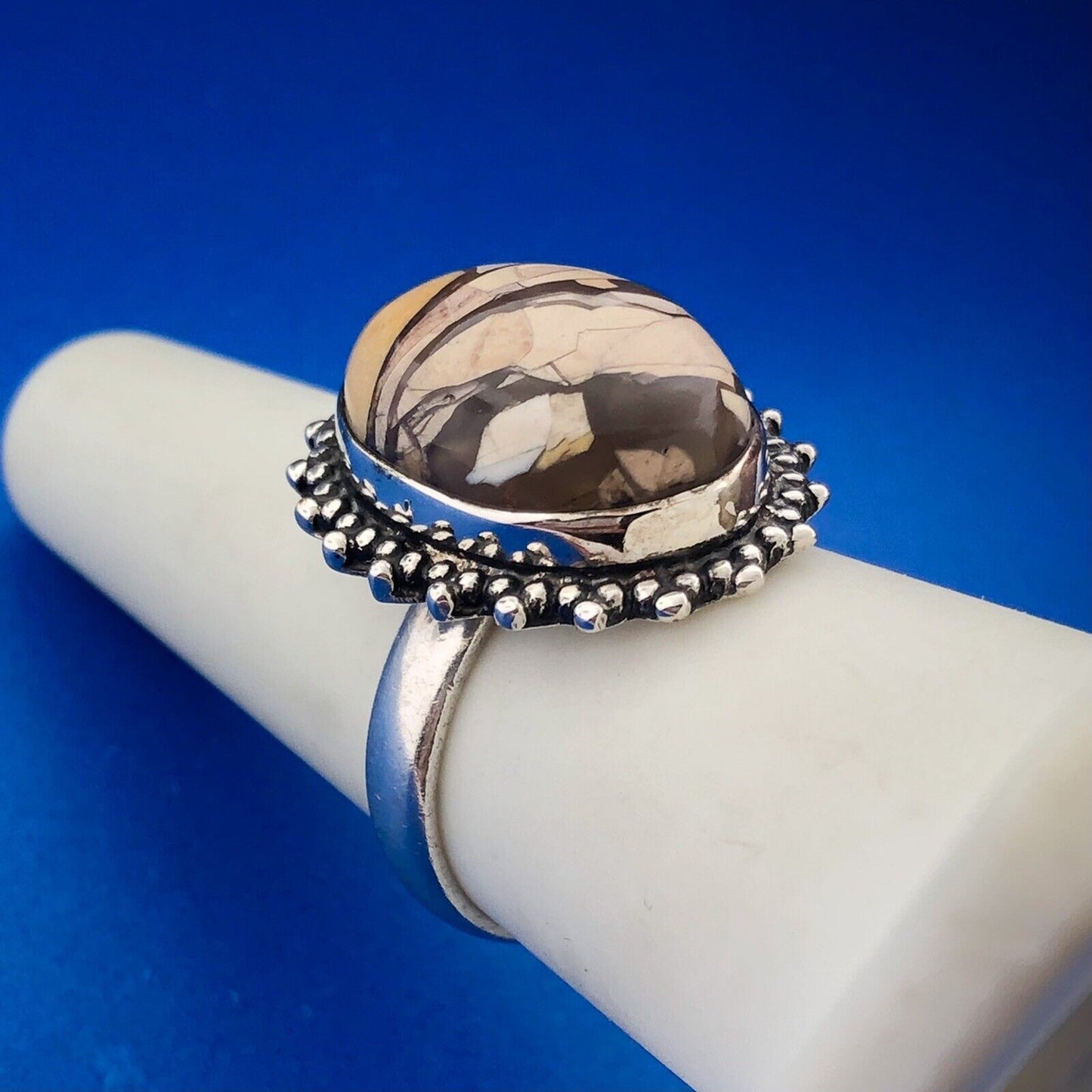 Vintage 925 Sterling Silver Oval Enamel Mosaic Jasper Inlay Statement Ring