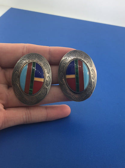 Native American Artisan Sterling Silver Turquoise MultiGem Inlay Concho Earrings