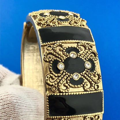 Gorgeous Gold Toned Black Enamel Sparkling Rhinestone 6.5" Hinged Cuff Bracelet