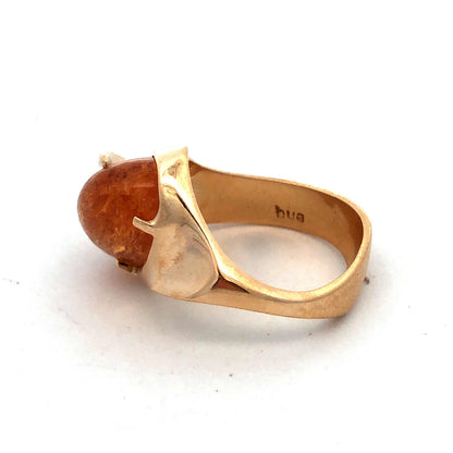 Vintage Designer 14K Yellow Gold Oval Cabochon Citrine Modernist Retro Ring