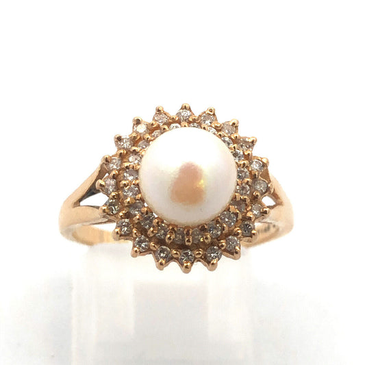 Vintage 14K Yellow Gold Pearl Solitaire Diamond Double Halo Cocktail Ring