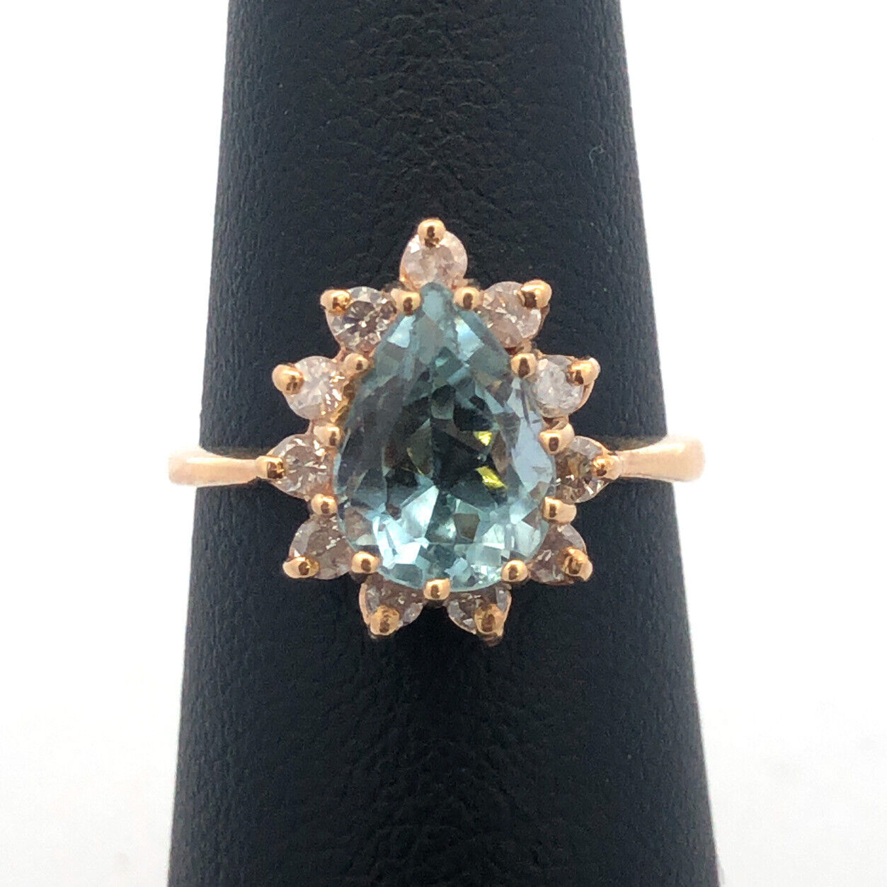 14K Yellow Gold Blue Topaz Diamond Halo December Birthday Occasion Cocktail Ring