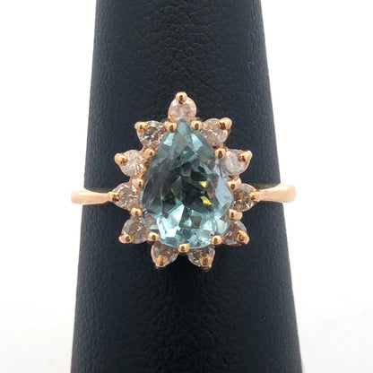 14K Yellow Gold Blue Topaz Diamond Halo December Birthday Occasion Cocktail Ring