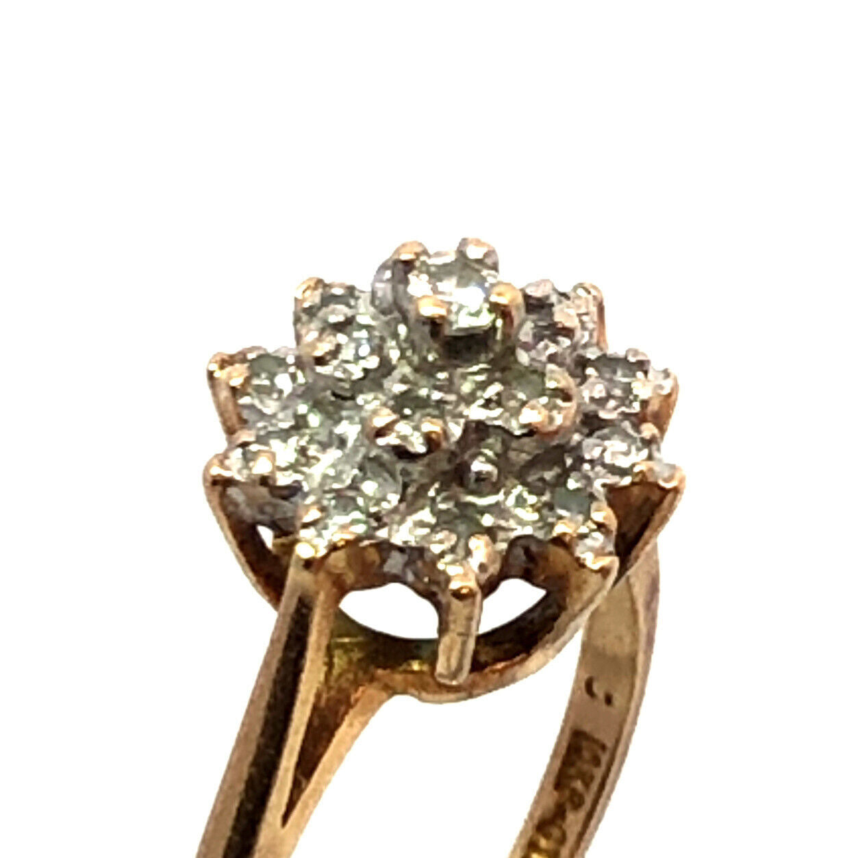 Vintage 10K Yellow Gold Diamond Cluster Floral Starburst Snowflake Cocktail Ring