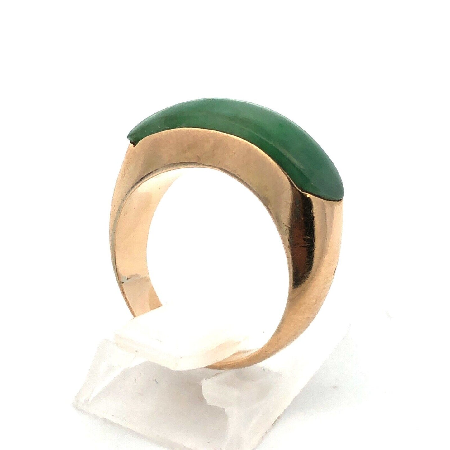 Modernist 18K Yellow Gold Oval Green Jade Cabochon Dome Band Ring