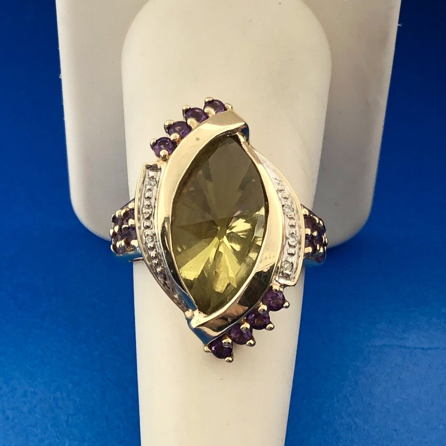 10k Yellow Gold Faceted Citrine Amethyst Diamond Accent Evil Eye Cocktail Ring