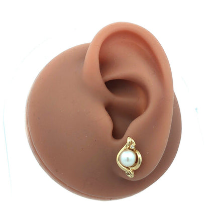 14K Yellow Gold Round Estate Pearl Diamond June Anniversary Stud Earrings