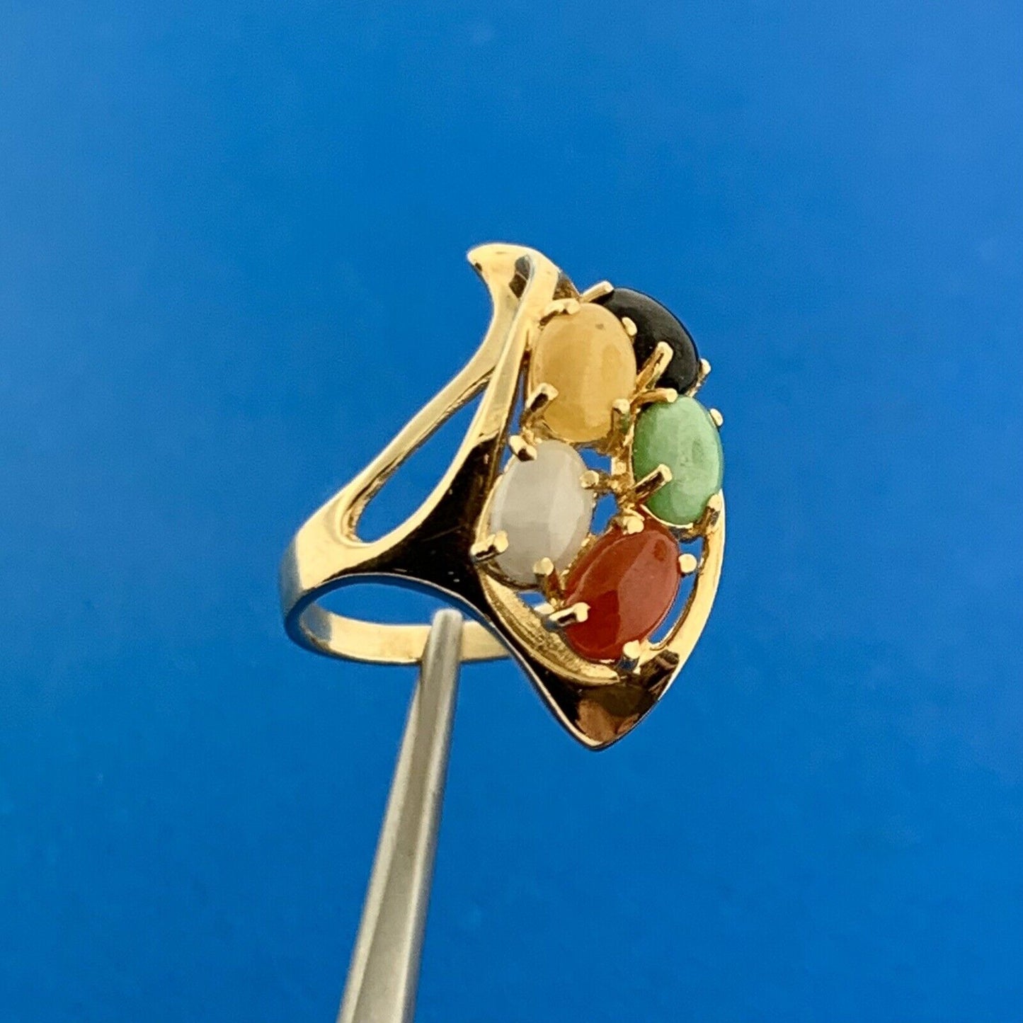 Vintage 14K Yellow Gold Multi Gemstone Modernist Twist Cocktail Finger Ring