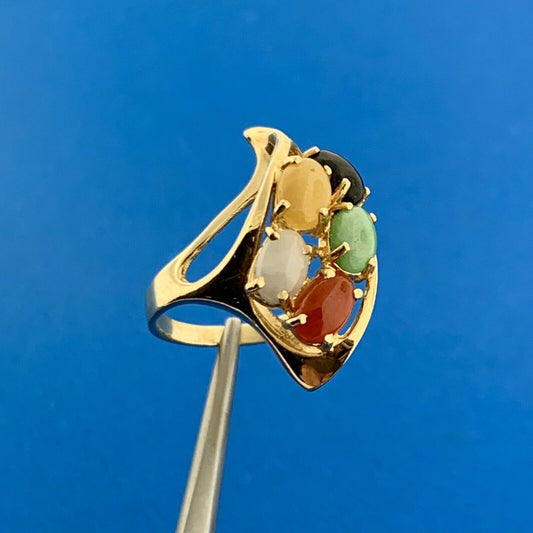 Vintage 14K Yellow Gold Multi Gemstone Modernist Twist Cocktail Finger Ring